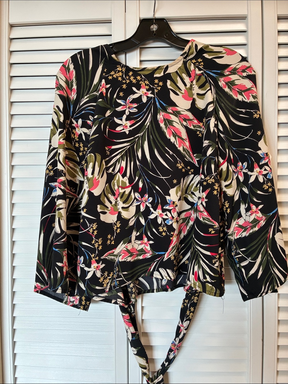 Women's Black Floral Tie-Back Blouse with Pink & Green Accents